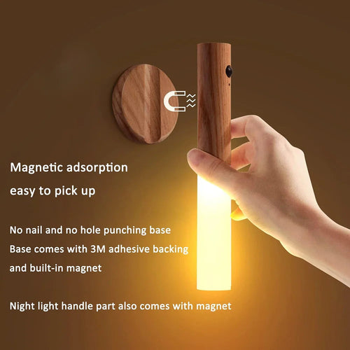 Magnetic Wooden LED Night Light – Portable Touch-Friendly & Easy Wall Mount